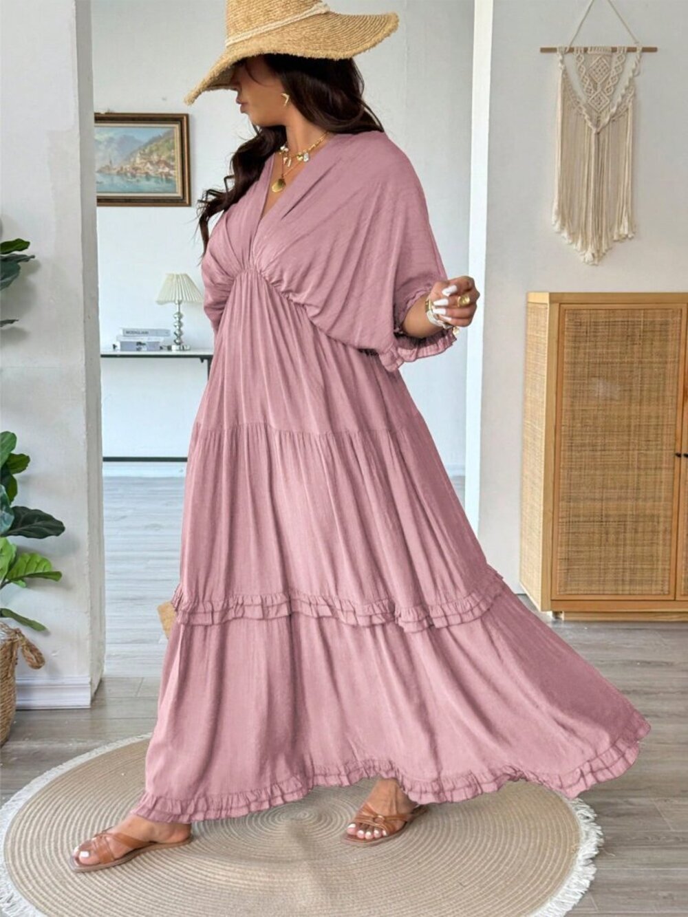Pink Casual Women's Plus Size Boho Ruffle Trim maxi Dress - Picture 4 of 7